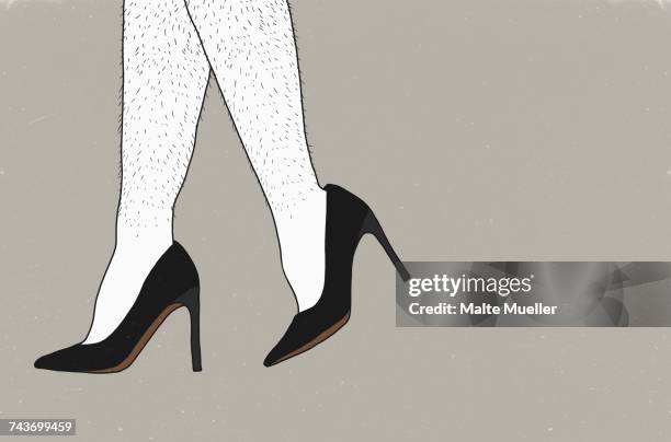 ilustraciones, imágenes clip art, dibujos animados e iconos de stock de low section of man wearing stilettos against gray background - zapatos de tacon
