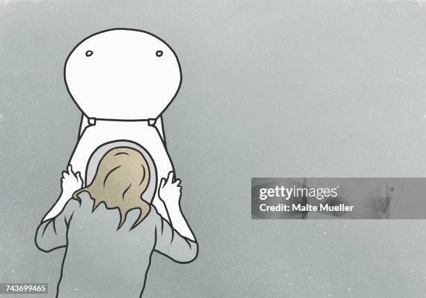 ilustrações, clipart, desenhos animados e ícones de high angle view of woman vomiting into toilet bowl over gray background - morning sickness