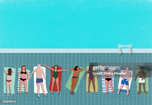 ilustrações de stock, clip art, desenhos animados e ícones de high angle view of people relaxing at poolside - deitado de costas