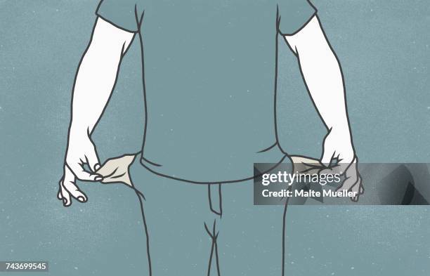 ilustraciones, imágenes clip art, dibujos animados e iconos de stock de midsection of man with showing empty pockets against gray background - moroso