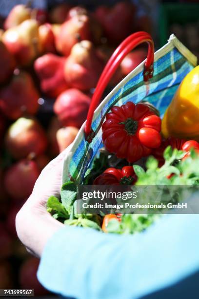 fresh tomatoes and herbs in a checked shopping bag - origan stock pictures, royalty-free photos & images