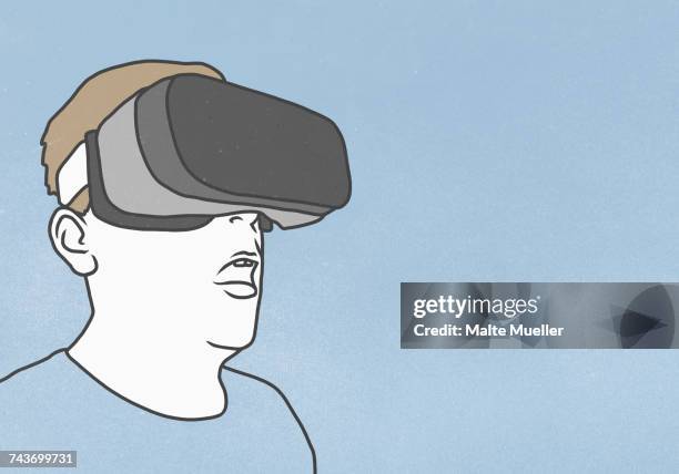 man wearing virtual reality glasses against blue background - 3d brille stock-grafiken, -clipart, -cartoons und -symbole