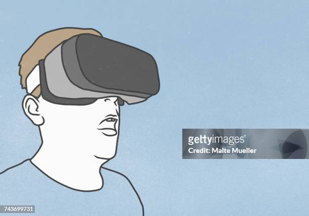 illustrazioni stock, clip art, cartoni animati e icone di tendenza di man wearing virtual reality glasses against blue background - realtà virtuale