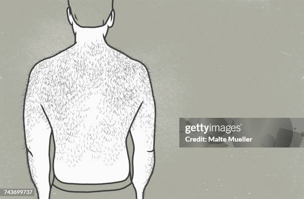 stockillustraties, clipart, cartoons en iconen met rear view of man with hairy back against gray background - hairy back man