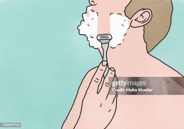 midsection of man shaving with razor against blue background - shaving cream stock illustrations