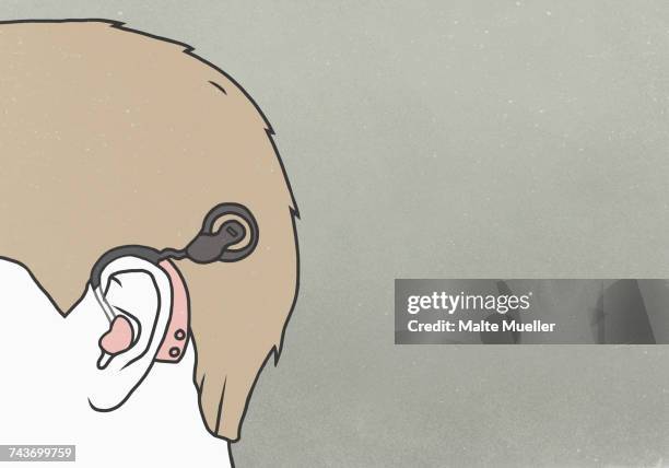 cropped image of man wearing hearing aid against colored background - in ear headphones stock-grafiken, -clipart, -cartoons und -symbole