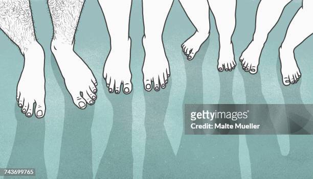 ilustraciones, imágenes clip art, dibujos animados e iconos de stock de low section of people with bare feet over gray background - mens bare feet