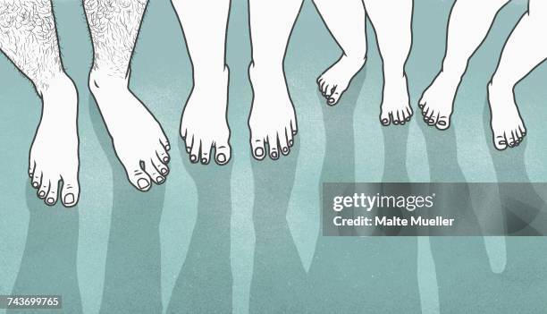 ilustrações, clipart, desenhos animados e ícones de low section of people with bare feet over gray background - um do lado do outro