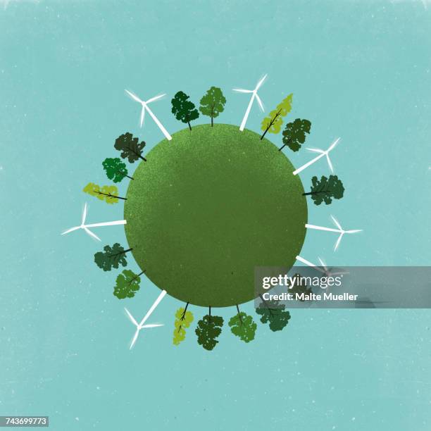 little planet image of windmills and trees on field against sky - windenergie stock-grafiken, -clipart, -cartoons und -symbole