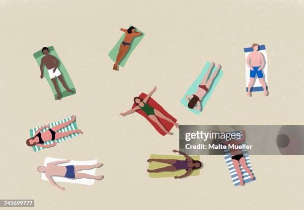 illustrazioni stock, clip art, cartoni animati e icone di tendenza di directly below shot of people sunbathing at beach - sdraiato