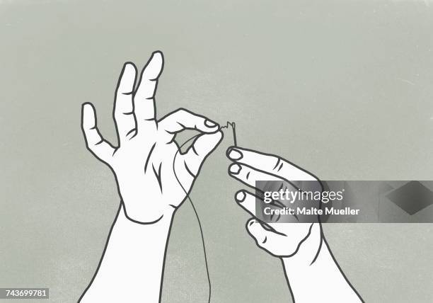 cropped image of woman threading needle against gray background - sewing stock illustrations