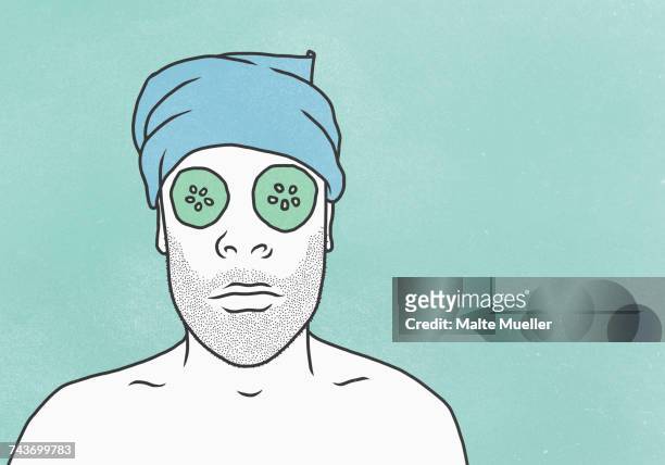 man wearing face mask and towel against blue background - only men 幅插畫檔、美工圖案、卡通及圖標