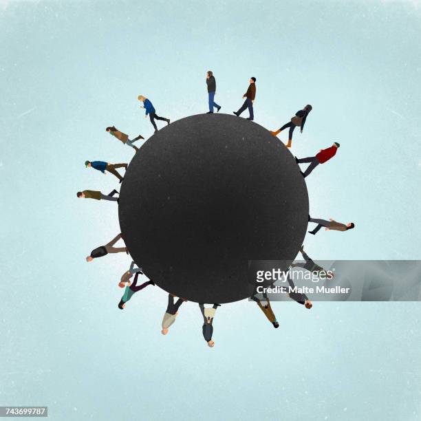 little planet image of people walking on field against sky - 360 people stock illustrations