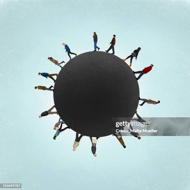 little planet image of people walking on field against sky - 360 度景象 幅插畫檔、美工圖案、卡通及圖標