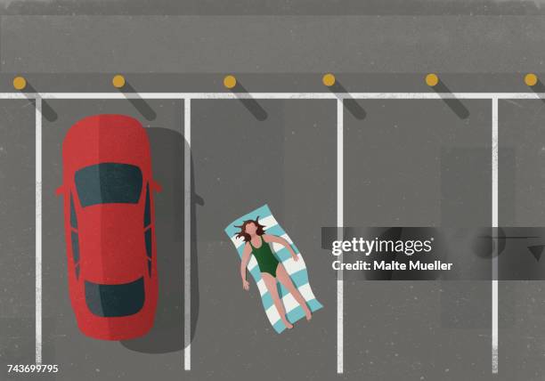 high angle view of woman sunbathing by car in parking lot - car park stock illustrations