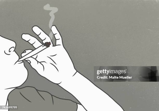 cropped image of man smoking marijuana against gray background - narcotic stock illustrations