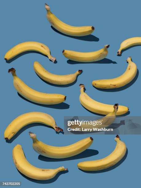 high angle view of bananas on blue background - banana ストックフォトと画像