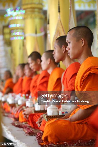 wat ong teu buddhist temple.  seated buddhist monks chanting and reading prayers at a ceremony.  laos. - temple wat ong teu photos et images de collection