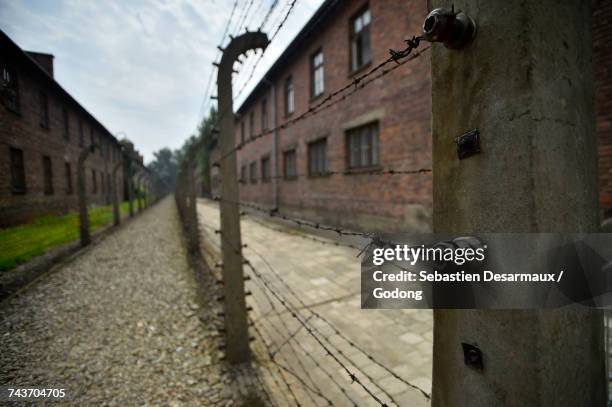 auschwitz concentration camp perimeter. krakow. &#10; poland. - nazi concentration camp stock pictures, royalty-free photos & images