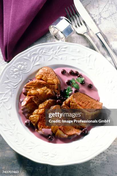 duck breast with blackcurrant sauce - cassis fruit stock pictures, royalty-free photos & images