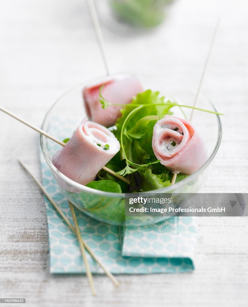 Boiled ham rolls with lettuce salad