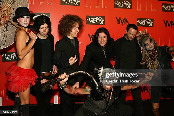 Sean Fetterman; Nick Annis, Wes Borland and Marshall Kilpatric of Black Light Burns pose with the Lucen Dossier performers at the Black Light Burns...