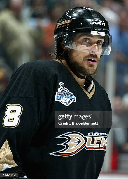 Teemu Selanne of the Anaheim Ducks in action against the Ottawa Senators during Game Two of the 2007 Stanley Cup finals on May 30, 2007 at Honda...