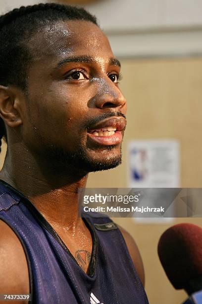 Dee Brown of the Utah Jazz speaks to the media after practice during the Western Conference Finals during the 2007 NBA Playoffs at Zions Bank...