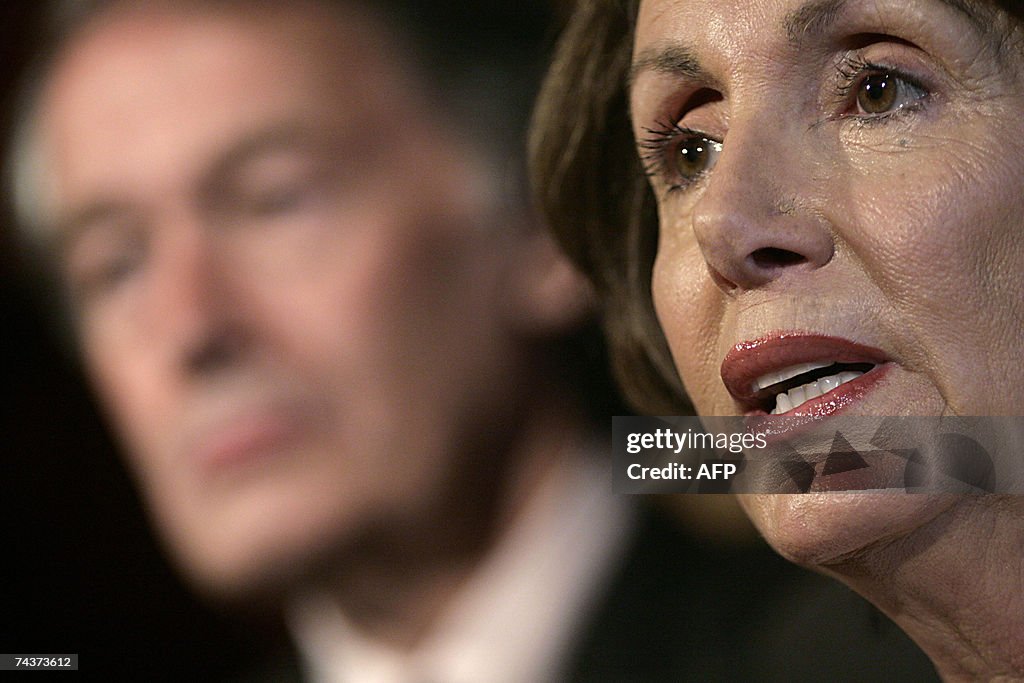 US Speaker of the House Nancy Pelosi spe...