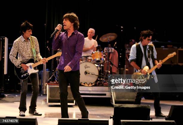 Ronnie Wood, Mick Jagger, Charlie Watts and Keith Richards of The Rolling Stones perform during a dress rehearsal prior to the opening concert of the...