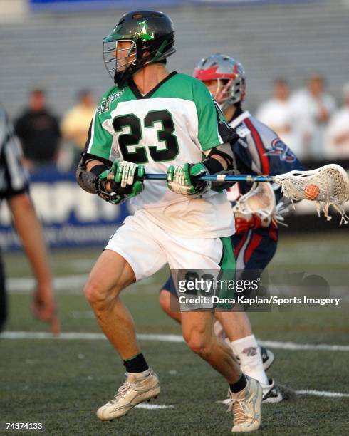 Adam Borcz of the Long Island Lizards has the ball in a game against the Boston Cannons on May 25, 2007 in Uniondale, New York.