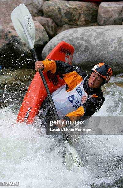 Tanya Faux of Walling, Tennessee competes in the Women's Kayak Pro Freestyle Qualifier in Whitewater Park on Gore Creek during The Teva Mountain...