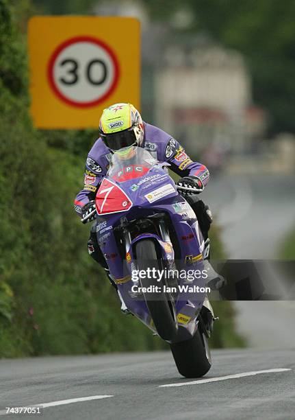 Ian Lougher exits Kirk Michael during practice of the Isle of Man TT Races June 1, 2007 in Kirk Michael, in Isle of Man, United Kingdom.