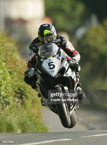 Bruce Anstey exits Kirk Michael during practice of the Isle of Man TT Races June 1, 2007 in Kirk Michael, in Isle of Man, United Kingdom.