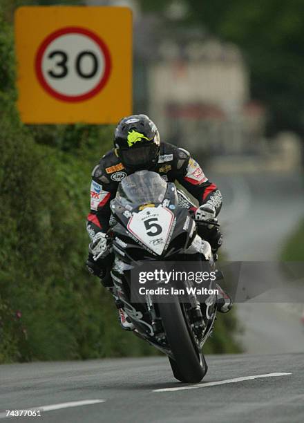 Bruce Anstey exits Kirk Michael during practice of the Isle of Man TT Races June 1, 2007 in Kirk Michael, in Isle of Man, United Kingdom.