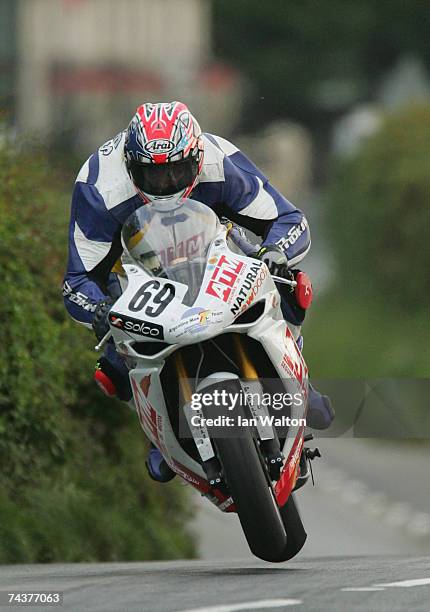 Stephen Oates exits Kirk Michael during practice of the Isle of Man TT Races June 1, 2007 in Kirk Michael, in Isle of Man, United Kingdom.