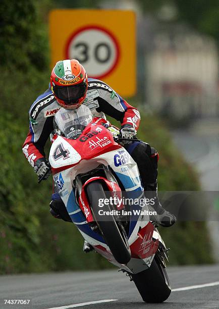 Martin Finnegan exits Kirk Michael during practice of the Isle of Man TT Races June 1, 2007 in Kirk Michael, in Isle of Man, United Kingdom.