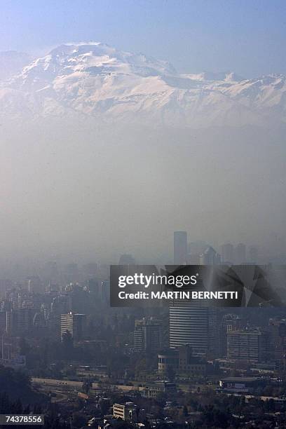 View from the San Cristobal hill of Santiago, partially covered by smog on June 01st, 2007. The Chilean capital is one of the three most polluted...