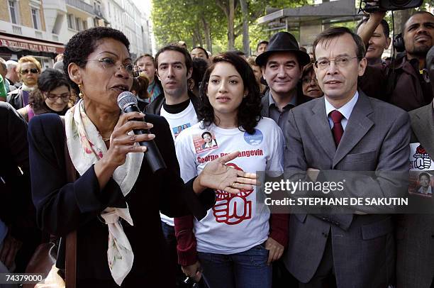 French Socialist party's candidate for the up-coming June's elections, George Pau-Langevin delivers a speech next to supporters and her substituting...