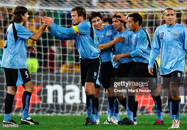 Uruguay celebrate a goal by Alvaro Recoba during the International Friendly match between Australia and Uruguay at Telstra Stadium on June 2, 2007 in...