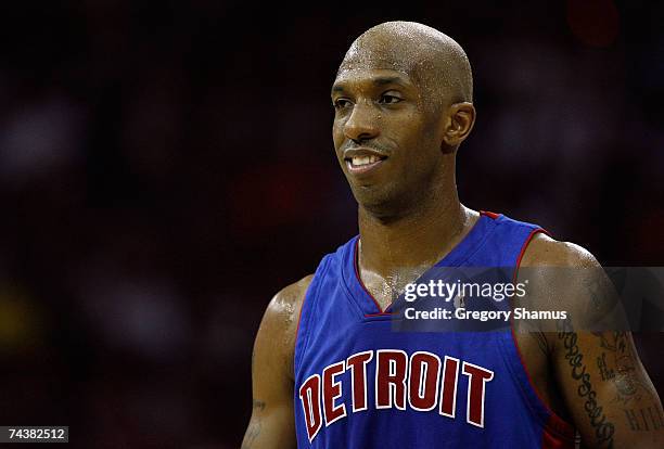 Chauncey Billups of the Detroit Pistons looks on against the Cleveland Cavaliers in Game Six of the Eastern Conference Finals during the 2007 NBA...
