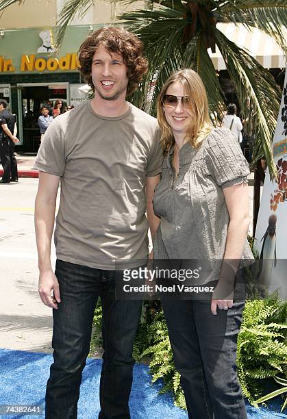 Actor Jon Heder and wife attends the film premiere of "Surfs Up" at the Mann's Village Theater on June 2, 2007 in Los Angeles, California