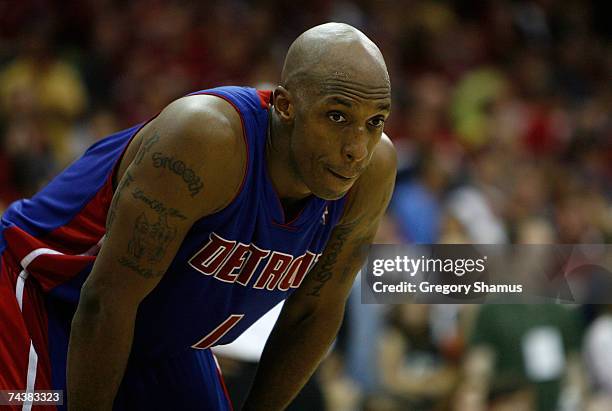 Chauncey Billups of the Detroit Pistons looks on late in the game against the Cleveland Cavaliers in Game Six of the Eastern Conference Finals during...