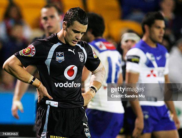 Michael Witt of the Warriors bows his head after the Bulldogs scored during the round 12 NRL match between the Warriors and the Bulldogs at Mt Smart...