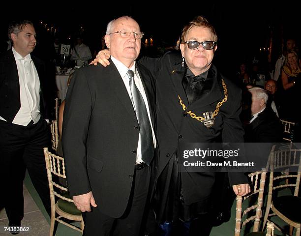 Mikhail Gorbachev and Sir Elton John attend the Raisa Gorbachev Foundation Party at Stud House, Hampton Court Palace on June 2, 2007 in Richmond upon...