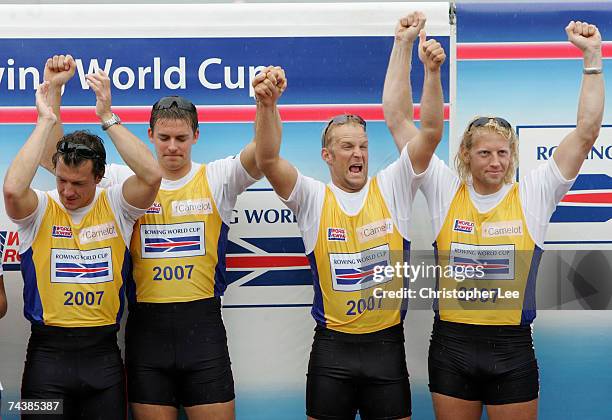 Steve Williams, Peter Reed, Alex Partridge and Andrew Triggs Hodge of Great Britain celebrate their gold medal in the Men's Four Final during Day...