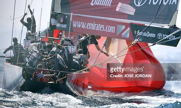 Emirates Team New Zealand opens the spinaker on the third day of sailing in the final of the Louis Vuitton Cup in Valencia, 03 June 2007. Emirates...