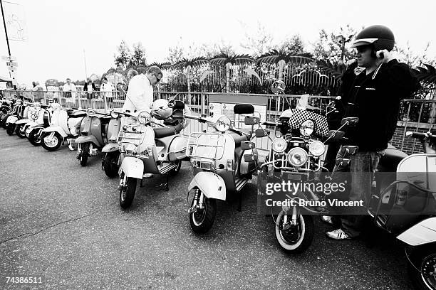 Mods gather on Southend's seafront on June 3, 2007 in Southend, England. The Mod became popularised in the film Quadrophenia regularly travel in...