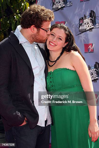 Actor Seth Rogen and producer Lauren Miller arrive to the 2007 MTV Movie Awards held at the Gibson Amphitheatre on June 3, 2007 in Universal City,...