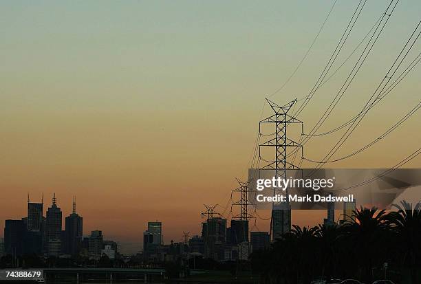 General view of the city skyline and electricity powerlines on the Mairbyrnong River in West Footscray June 4, 2007 in Melbourne, Australia. World...